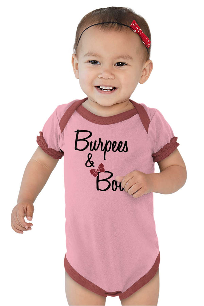 Burpees and Bows Baby Ruffled Trim Romper-Direct To Garment Print-Brisco Baby