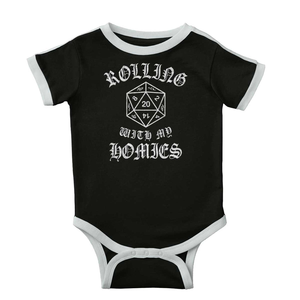 Rolling With My Homies Dungeons Ringer Romper Bodysuit-Direct To Garment Print-Brisco Baby