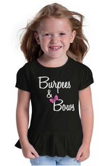 Burpees and Bows Toddler Ruffle Bottom Tee-Direct To Garment Print-Brisco Baby