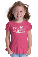 Stroll With Jesus Toddler Ruffle Bottom Tee-Direct To Garment Print-Brisco Baby