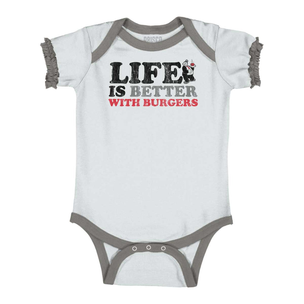 Better With Burgers Baby Ruffled Trim Romper-Direct To Garment Print-Brisco Baby