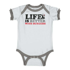 Better With Burgers Baby Ruffled Trim Romper-Direct To Garment Print-Brisco Baby