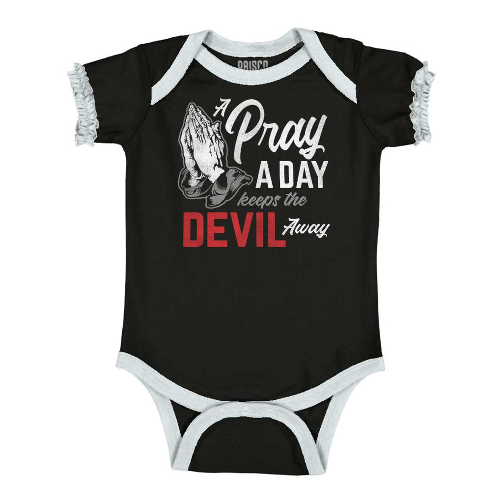 Pray A Day Baby Ruffled Trim Romper-Direct To Garment Print-Brisco Baby