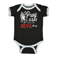 Pray A Day Baby Ruffled Trim Romper-Direct To Garment Print-Brisco Baby