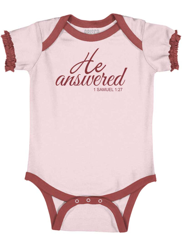 He Answered Baby Ruffled Trim Romper-Direct To Garment Print-Brisco Baby