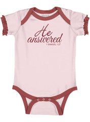 He Answered Baby Ruffled Trim Romper-Direct To Garment Print-Brisco Baby