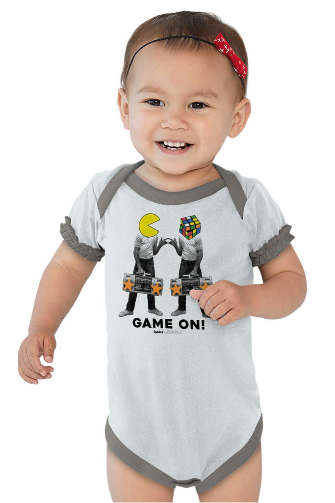Pac-Man Rubiks Game On Baby Ruffled Trim Romper-Direct To Garment Print-Brisco Baby