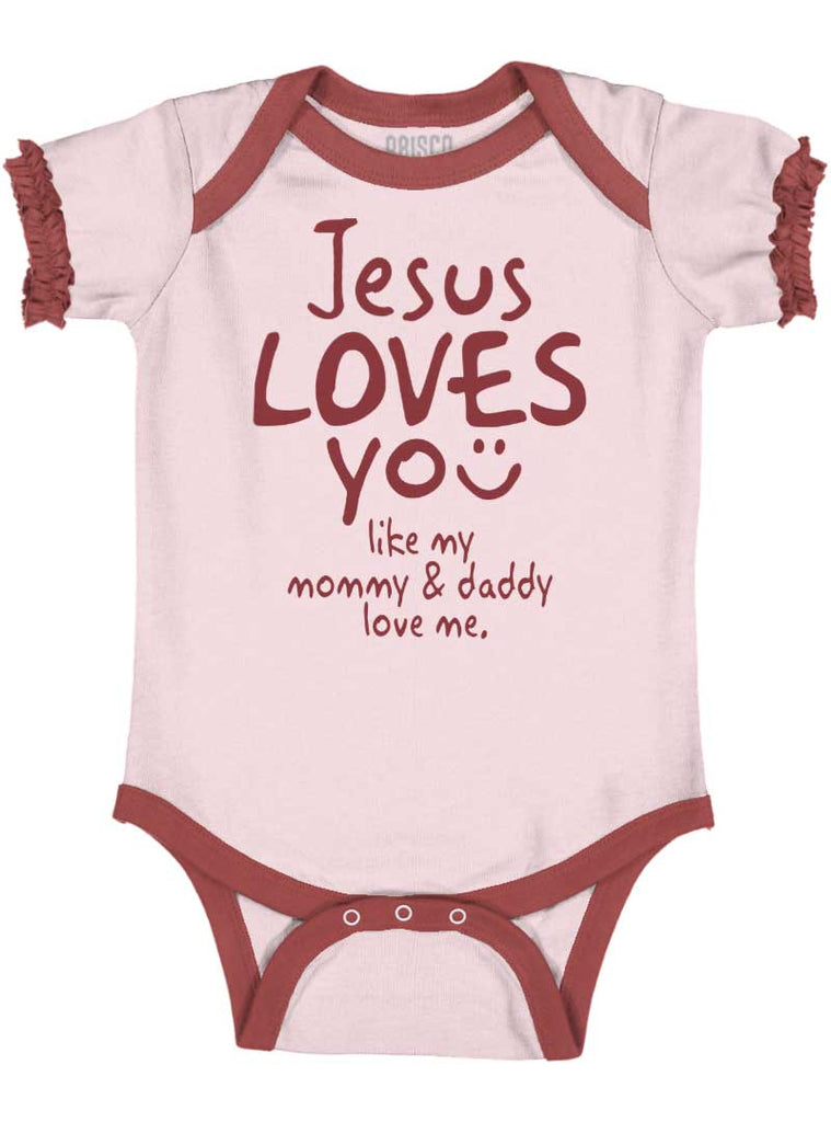 Jesus Loves You Baby Ruffled Trim Romper-Direct To Garment Print-Brisco Baby