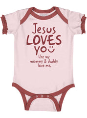Jesus Loves You Baby Ruffled Trim Romper-Direct To Garment Print-Brisco Baby
