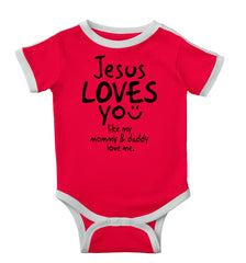 Jesus Loves You Ringer Romper Bodysuit-Direct To Garment Print-Brisco Baby