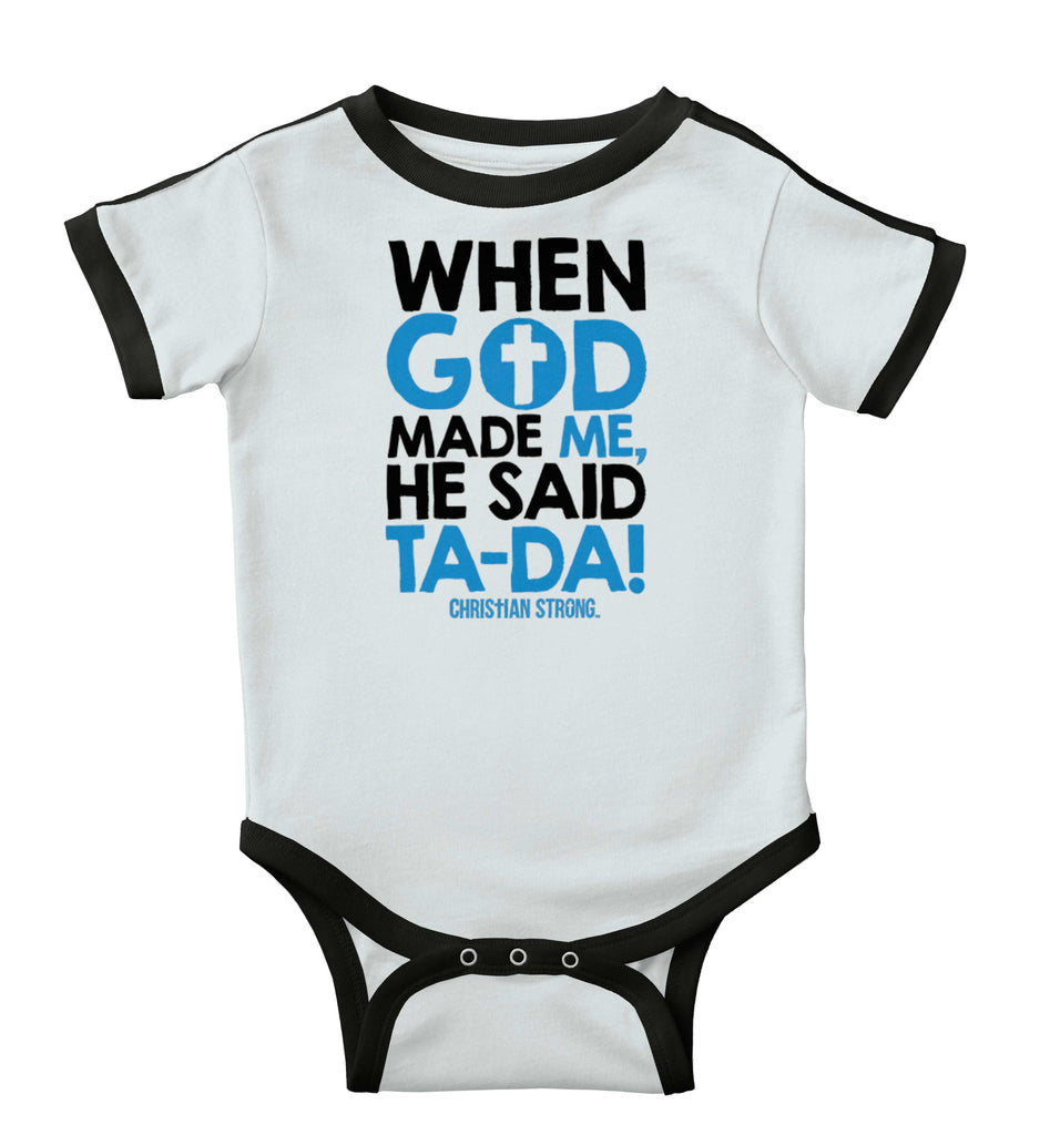 God Said Ta-Da Ringer Romper Bodysuit-Direct To Garment Print-Brisco Baby
