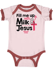 Milk And Jesus Baby Ruffled Trim Romper-Direct To Garment Print-Brisco Baby
