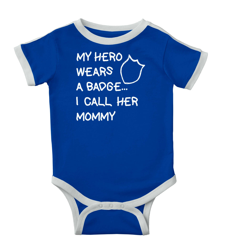 Hero Wears Badge Ringer Romper Bodysuit-Direct To Garment Print-Brisco Baby