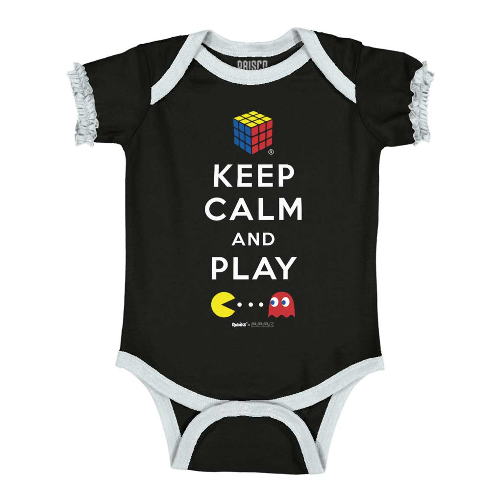 Keep Calm And Play Baby Ruffled Trim Romper-Direct To Garment Print-Brisco Baby