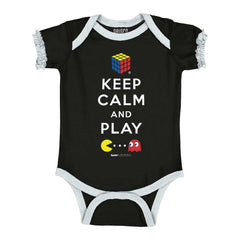 Keep Calm And Play Baby Ruffled Trim Romper-Direct To Garment Print-Brisco Baby