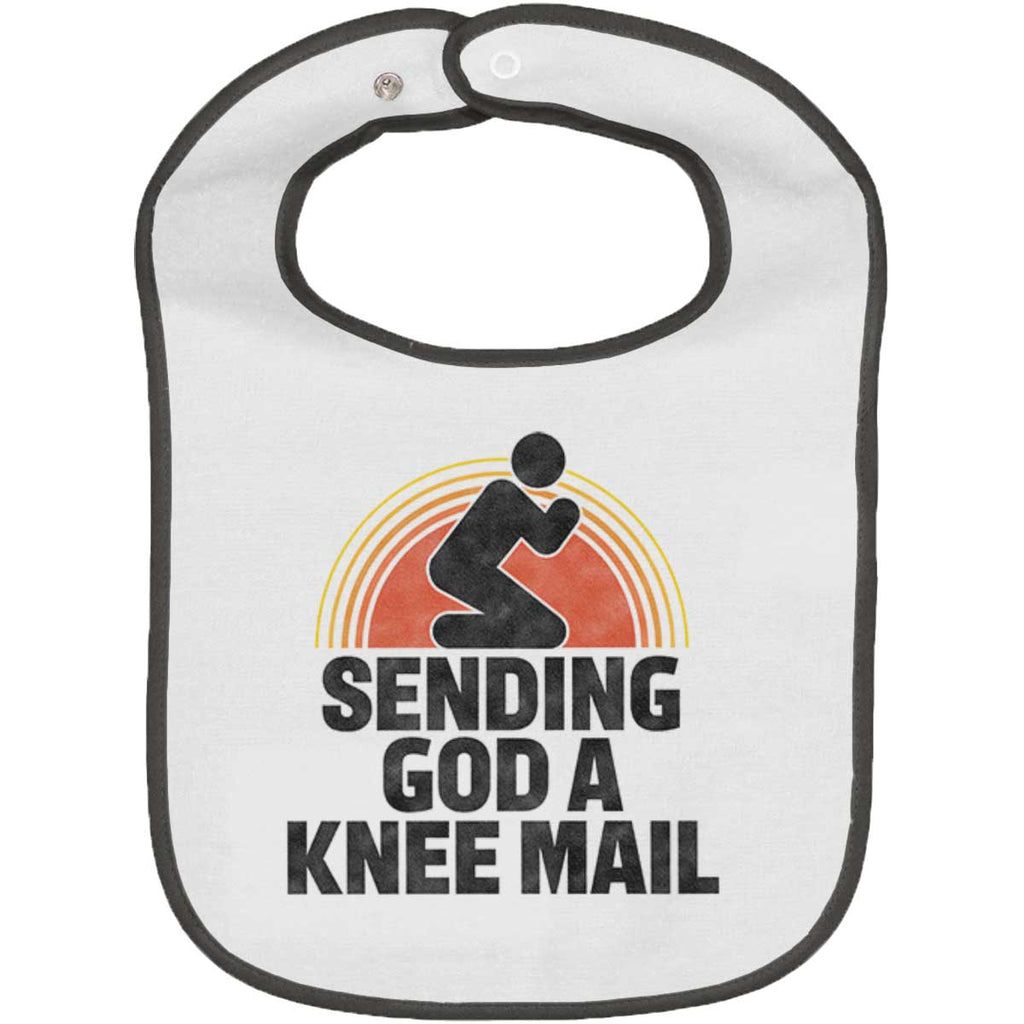 Sending God A Knee Mail Trimmed White Snap Bib-Direct To Garment Print-Brisco Baby