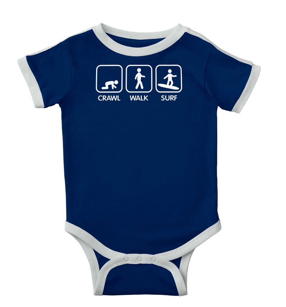 Crawl Walk Surf Ringer Romper Bodysuit-Direct To Garment Print-Brisco Baby