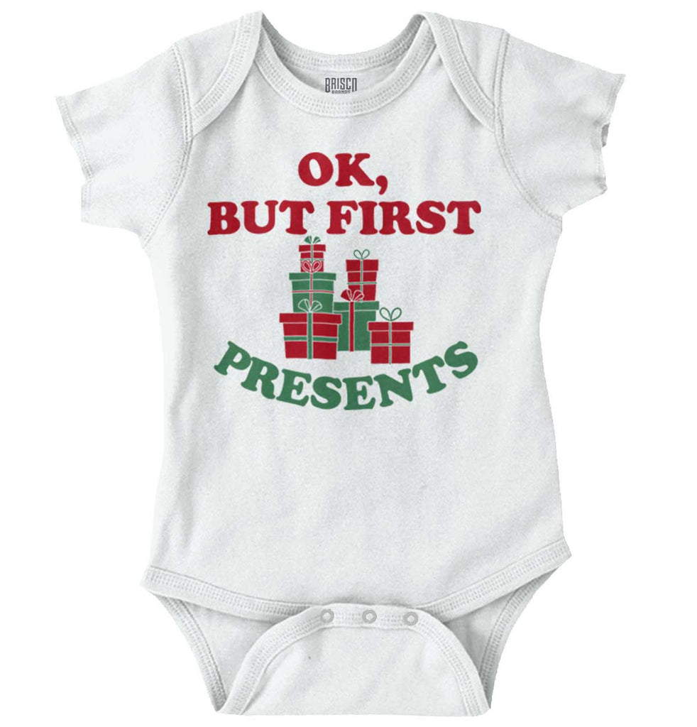 But First Presents Romper Bodysuit-Direct To Garment Print-Brisco Baby