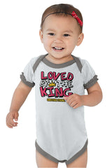 Loved By The King Baby Ruffled Trim Romper-Direct To Garment Print-Brisco Baby
