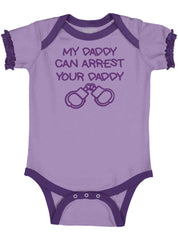 Arrest Your Daddy Baby Ruffled Trim Romper-Direct To Garment Print-Brisco Baby