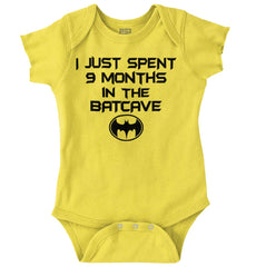 9 Months in Batcave Romper Bodysuit-Direct To Garment Print-Brisco Baby