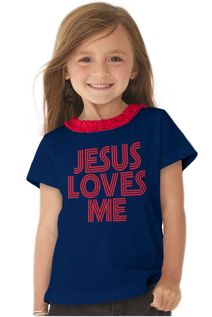 Christ Loves Me Toddler Ruffled Trim T-Shirt-Direct To Garment Print-Brisco Baby