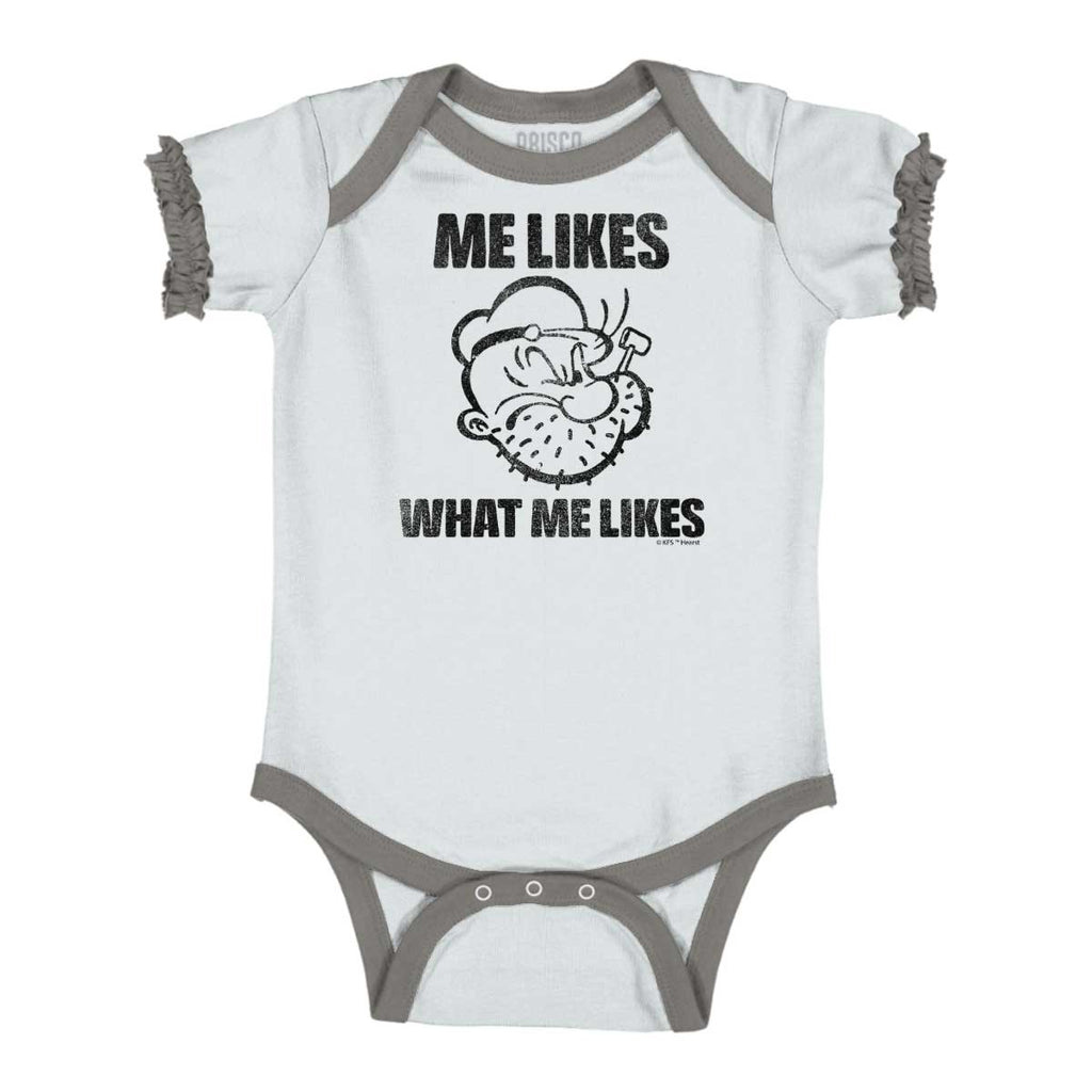 What Me Likes Baby Ruffled Trim Romper-Direct To Garment Print-Brisco Baby