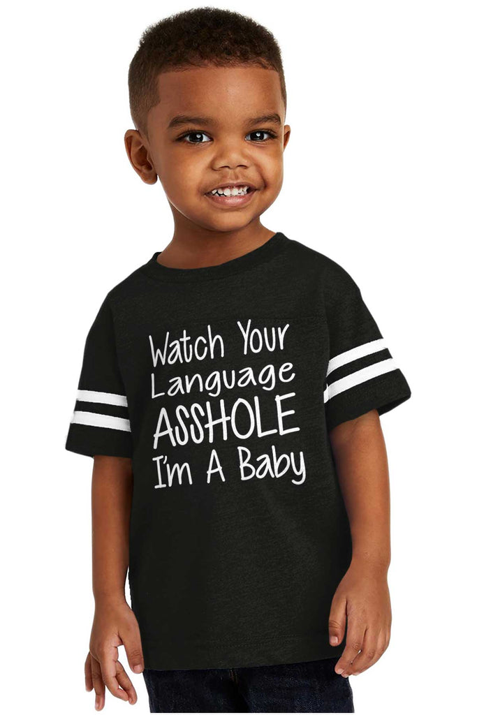 Watch The Language Toddler Football Jersey Tee-Direct To Garment Print-Brisco Baby