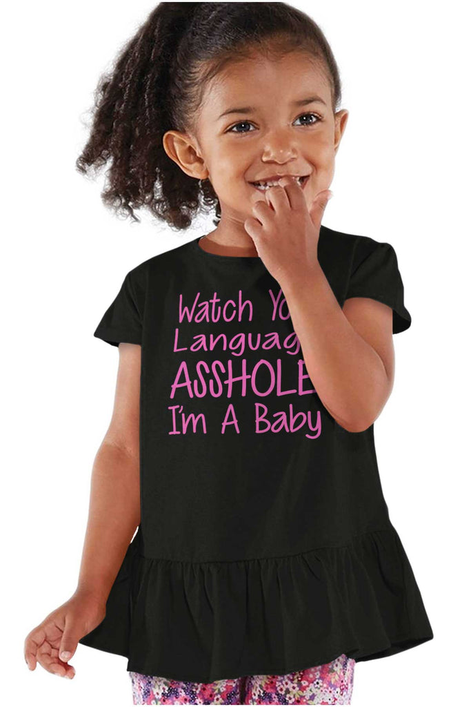 Watch The Language Toddler Ruffle Bottom Tee-Direct To Garment Print-Brisco Baby