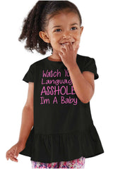 Watch The Language Toddler Ruffle Bottom Tee-Direct To Garment Print-Brisco Baby