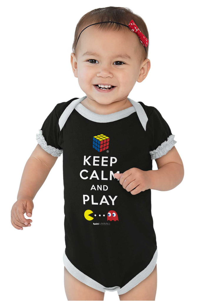 Keep Calm And Play Baby Ruffled Trim Romper-Direct To Garment Print-Brisco Baby