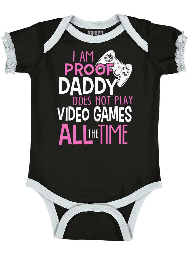 Daddy Plays Video Games Baby Ruffled Trim Romper-Direct To Garment Print-Brisco Baby