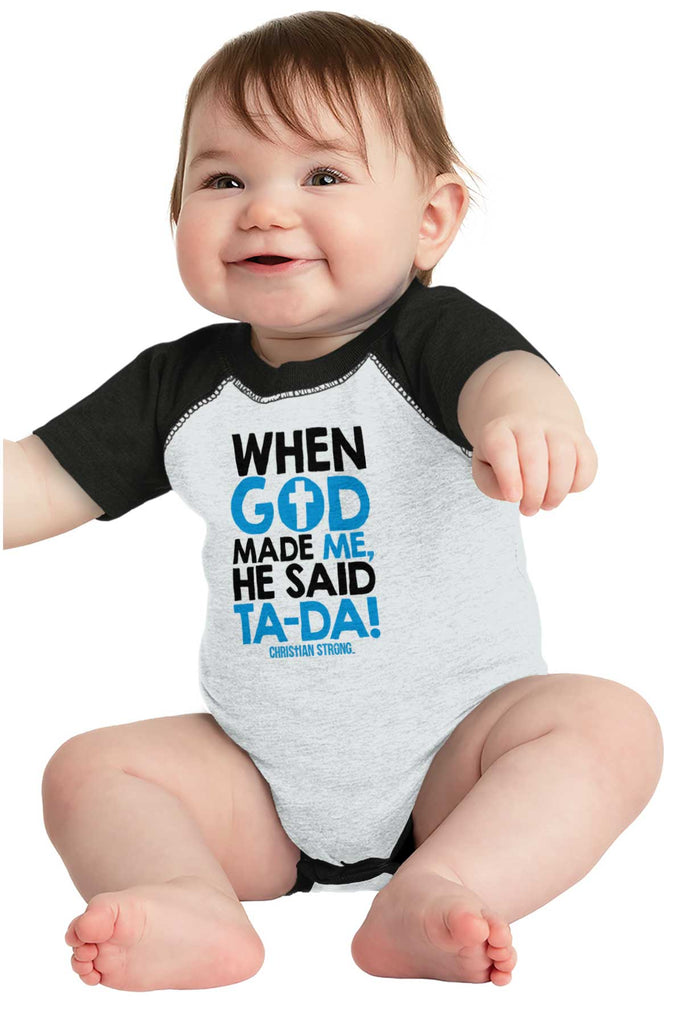 God Said Ta-Da Raglan Romper Bodysuit-Direct To Garment Print-Brisco Baby