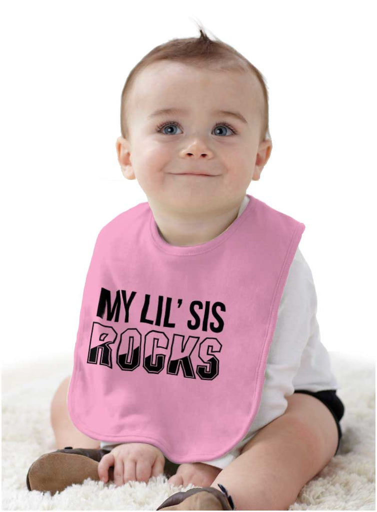 My Lil' Sis Rocks Infant Baby Bib-Direct To Garment Print-Brisco Baby