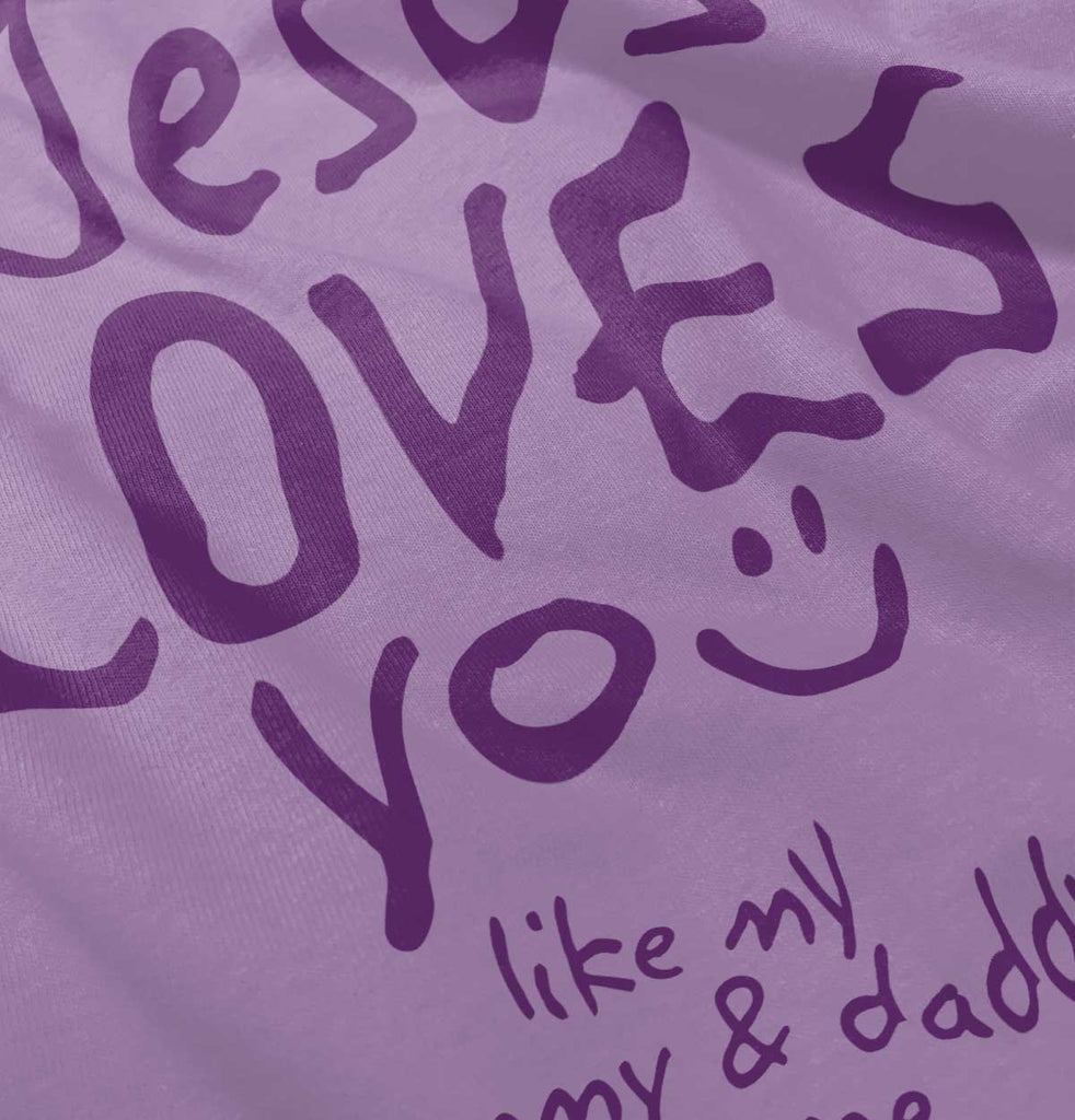 Jesus Loves You Baby Ruffled Trim Romper-Direct To Garment Print-Brisco Baby