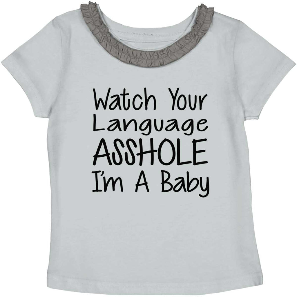 Watch The Language Toddler Ruffled Trim T-Shirt-Direct To Garment Print-Brisco Baby