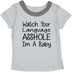 Watch The Language Toddler Ruffled Trim T-Shirt-Direct To Garment Print-Brisco Baby