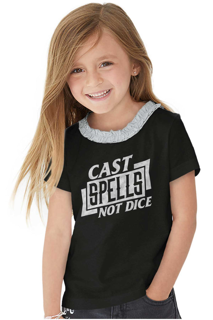 Cast Spells Not Dice Dungeons Toddler Ruffled Trim T-Shirt-Direct To Garment Print-Brisco Baby