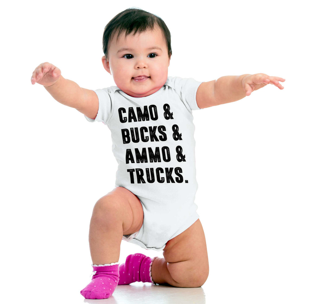 Camo Bucks Ammo Trucks Romper Bodysuit-Direct To Garment Print-Brisco Baby