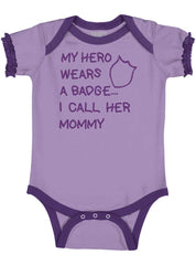 Hero Wears Badge Baby Ruffled Trim Romper-Direct To Garment Print-Brisco Baby