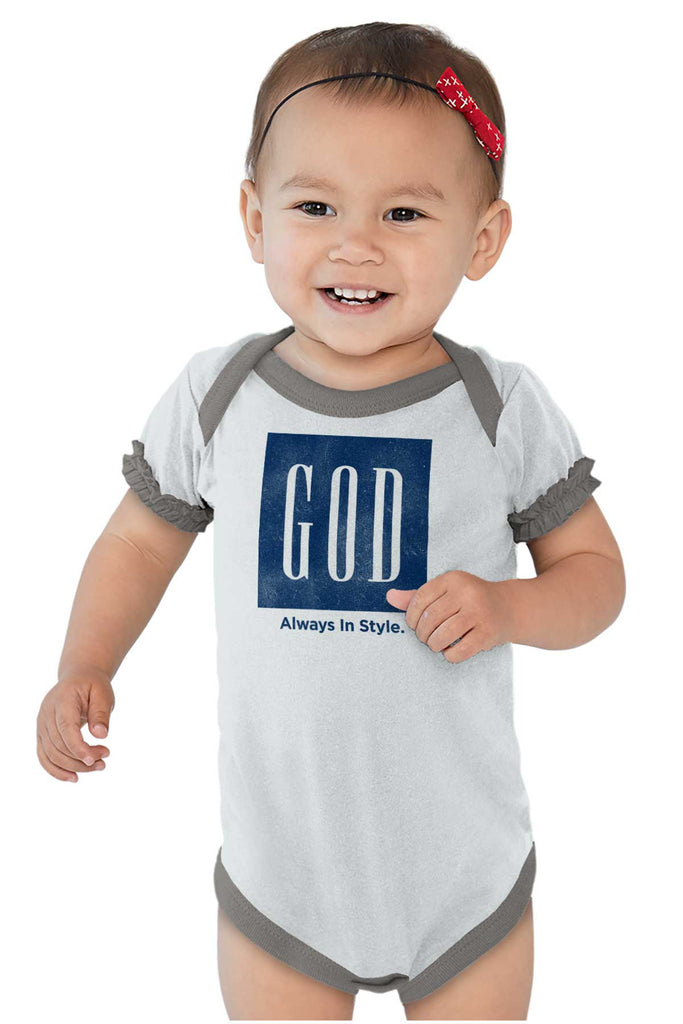 God In Style Baby Ruffled Trim Romper-Direct To Garment Print-Brisco Baby