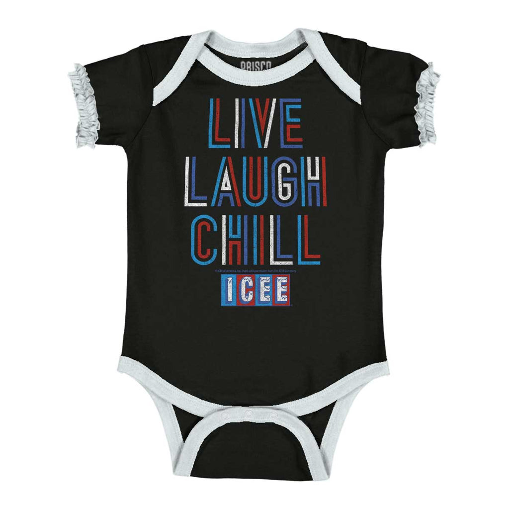 Live Laugh Chill Baby Ruffled Trim Romper-Direct To Garment Print-Brisco Baby