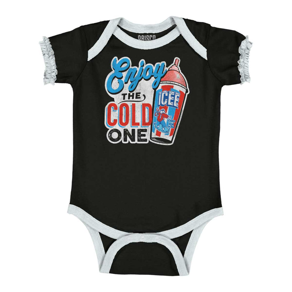 Enjoy The Cold One Baby Ruffled Trim Romper-Direct To Garment Print-Brisco Baby