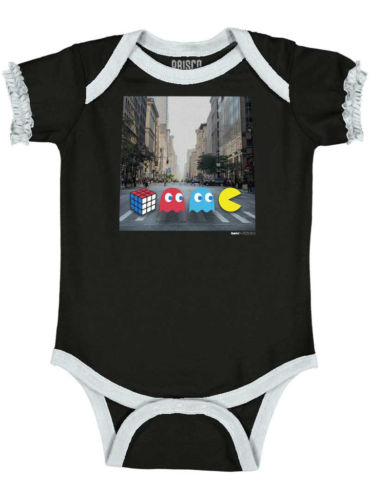 The Beatles Pac-Man Baby Ruffled Trim Romper-Direct To Garment Print-Brisco Baby