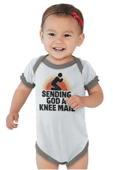 Sending God A Knee Mail Baby Ruffled Trim Romper-Direct To Garment Print-Brisco Baby