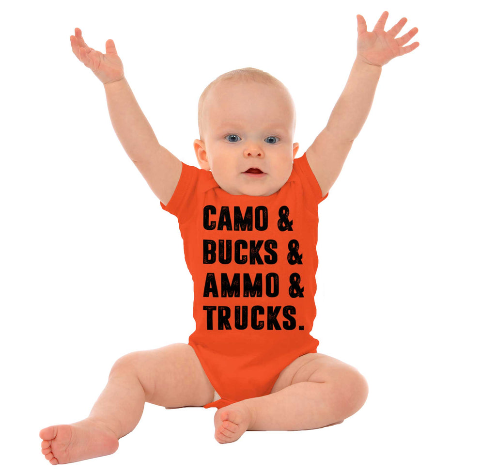 Camo Bucks Ammo Trucks Romper Bodysuit-Direct To Garment Print-Brisco Baby