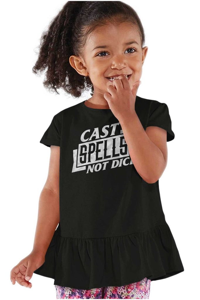 Cast Spells Not Dice Dungeons Toddler Ruffle Bottom Tee-Direct To Garment Print-Brisco Baby