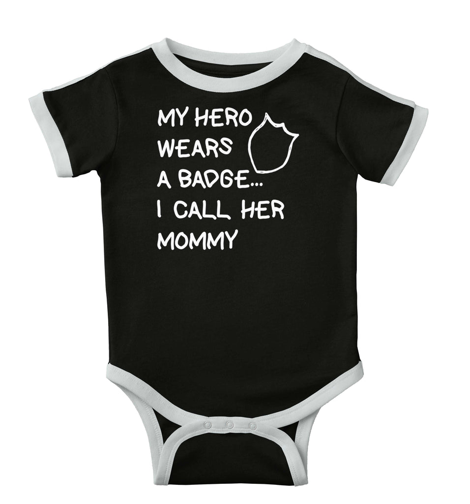 Hero Wears Badge Ringer Romper Bodysuit-Direct To Garment Print-Brisco Baby