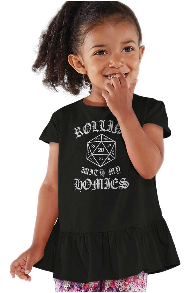 Rolling With My Homies Dungeons Toddler Ruffle Bottom Tee-Direct To Garment Print-Brisco Baby