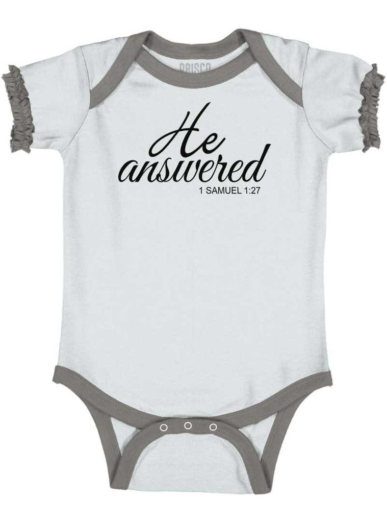 He Answered Baby Ruffled Trim Romper-Direct To Garment Print-Brisco Baby